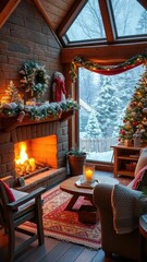 Cozy Christmas morning with a crackling fireplace, winter wonderland, wooden furniture