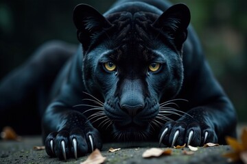 Close-up of black panther's face with dark eyes and sharp claws in a dark environment , claws, animal, wildlife