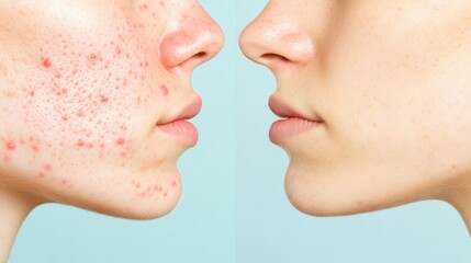 Obraz premium A image depicting the effects of skincare on acne, showing a woman with facial blemishes on the left and clearer skin on the right.