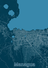 This is a detailed map of Managua, Nicaragua, rendered in a minimalist style. The map features a deep blue background with white lines representing roads and streets.