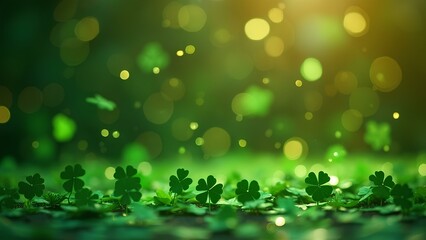 Fototapeta premium Golden Bokeh with Clover: A vibrant collection of clover leaves on a textured ground under the soft glow of golden bokeh lights, bringing a touch of serenity and positive vibes.