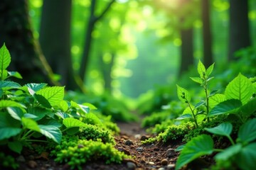 Collection of various green plants and herbs in a forest setting , vegetation, plants, forest