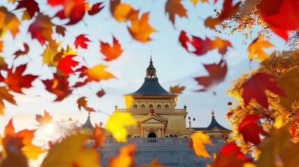 Obraz premium Golden Autumn Mansion Fall Leaves Architecture Scenic View