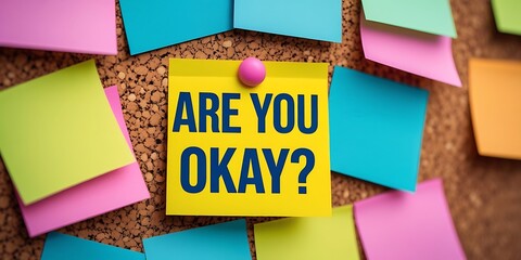 Sticky note with bold black text reading "ARE YOU OKAY?" pinned to a corkboard among colorful handwritten notes, symbolizing mental health awareness, empathy, and emotional support.

