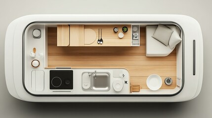 Fototapeta premium Cozy Small House Interior Featuring Comfortable Bed and Functional Desk in Warm Inviting Atmosphere