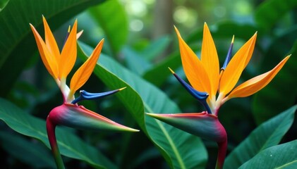 Colorful heliconia flowers amidst lush tropical leaf canopies, flowers, heliconia, nature