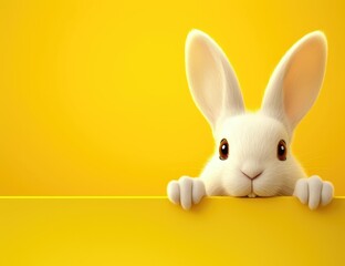 Obraz premium White rabbit peeking out from behind a blank poster on a yellow background suitable for advertising or promotion.