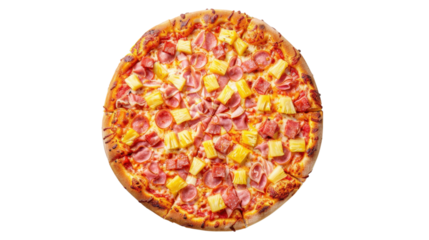 Delicious hawaiian pizza with ham and pineapple on transparent background