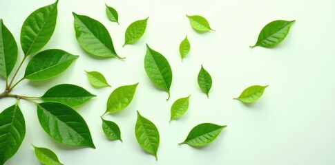 lush green leaves scattered on a white surface, isolated, white background, nature photography