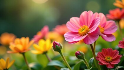Primula flowers in shades of pink and yellow bloom, yellow, wildflowers
