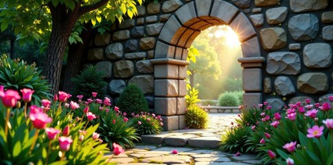 Fototapeta premium Puerta de piedra con flores silvestres y sol al amanecer, amanece, piedra