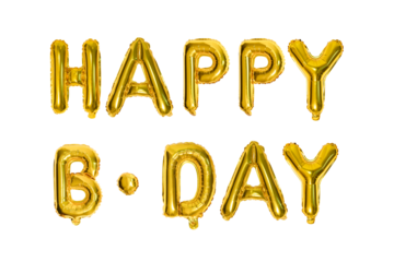 HAPPY B-DAY – Golden foil balloons spelling "HAPPY B-DAY," a classic birthday decoration. The letters are inflated, giving them a three-dimensional appearance and a festive look. 