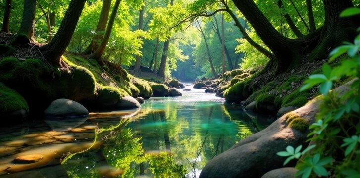 Puentes de roble flotantes en medio del bosque, agua, naturaleza