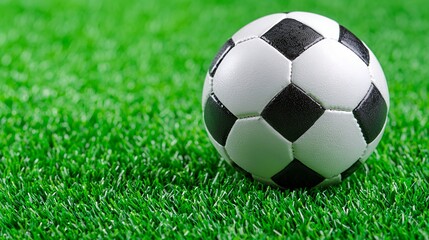 Fototapeta premium Classic Black And White Soccer Ball On Green Grass Field