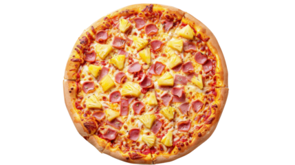 Delicious hawaiian pizza with pineapple and ham on transparent background