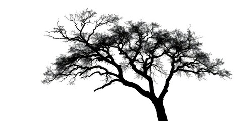 Single, majestic tree silhouetted against a pure white backdrop, element, backdrop
