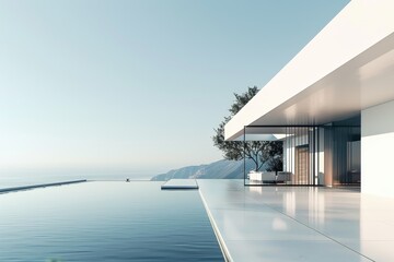 A sleek, contemporary home with an infinity pool overlooking a stunning ocean and mountain view, A minimalist building with clean lines and a sleek facade