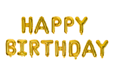 HAPPY BIRTHDAY – Bright golden foil balloons spelling "HAPPY BIRTHDAY," creating a festive atmosphere. The metallic sheen of the balloons reflects light, creating a festive and celebratory atmosphere.