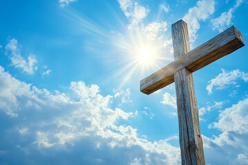 a wooden cross with a blue sky and clouds in the background, sun rays shining through the clouds,