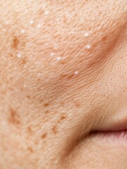 Naklejka premium closeup of a womans face with small white spots and patchy skin.