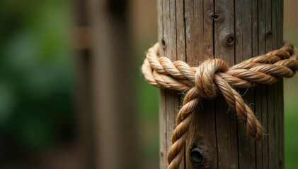 Twisted brown rope in a bow tied around a wooden post, rustic, wood