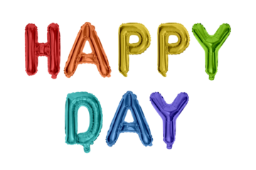 HAPPY DAY – Colorful balloons spelling "HAPPY DAY," creating a fun and cheerful atmosphere. The letters are in hues of red, orange, yellow, green, teal, blue, and purple.