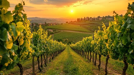 Fototapeta premium Italian Vineyard Sunset Vista, rows of vines, golden hour, rural landscape