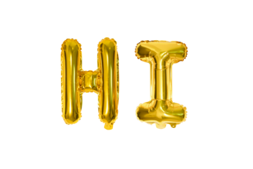 HI – Shiny golden balloons spelling "HI," a stylish accent for vibrant decor. The metallic finish reflects light, giving a festive and elegant appearance.