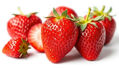 A single ripe strawberry, vibrant red, isolated on pure white background, single, white background