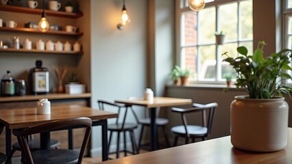 Cozy Cafe Interior with Wooden Tables and Plants