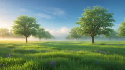 Fototapeta premium Landscape with green grass and blue sky