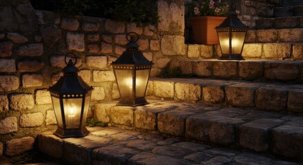 Romantic evening stone steps illuminated by antique lanterns glowing warmly old dark cozy calm gold