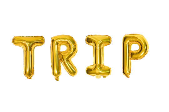 TRIP – Golden foil balloons spelling "TRIP," perfect for travel-themed decorations. Golden foil balloons form the letters T, R, I, P, displaying a shiny metallic texture.
