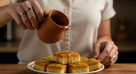 Delicious golden basbousa dessert with pistachios honey drizzle jug food cake hand clay dark sweet