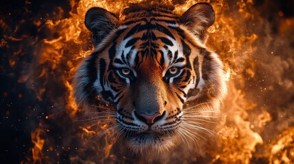 Fototapeta premium Fiery Tiger Portrait in Flames