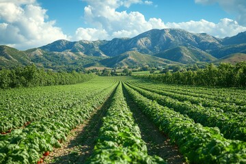 A Vibrant Tomato Field Ascends Towards Majestic Mountains Under a Blue Sky Filled with Billowing White Clouds: A Picturesque Agricultural Landscape.