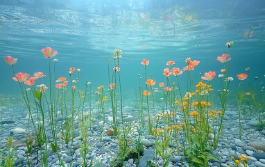 Underwater meadow vibrant wildflowers bloom on a riverbed, sunlight filters through the water, perfect for nature or environmental themes