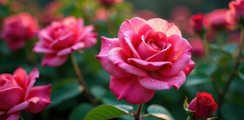 Obraz premium Droplets of dew on the velvety soft rose flowers in a garden bed, dew, garden, droplets