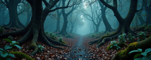 Dark wooden forest floor with twisted tree trunks and eerie mist, nature, trees, fog