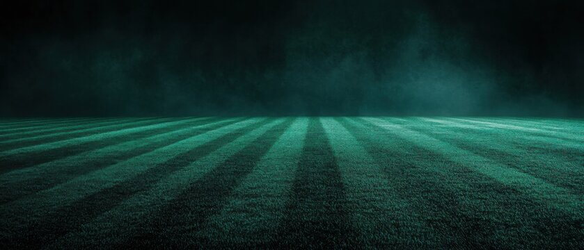 Dark and Moody Teal Striped Sports Field Stage Background with Dramatic Mist Effect - Powered by Adobe
