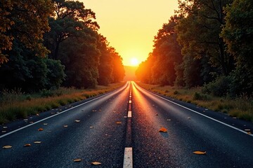 Fototapeta premium Empty highway at dawn with a few scattered leaves, serene landscape, peaceful atmosphere