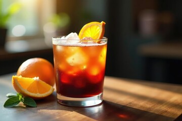 Frosted glass table with ice black orange coffee cocktail, Orange Juice, Wooden Table, Glass Table