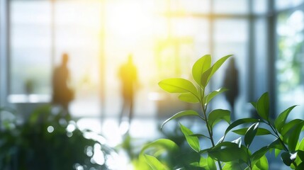 A blurred background of people walking in a modern green business building with natural light and eco-friendly architecture, creating a dynamic and professional atmosphere.