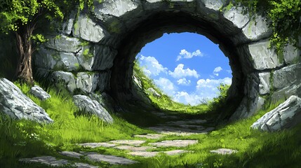 Lush Greenery Envelops Stone Archway Leading to Sunny Landscape