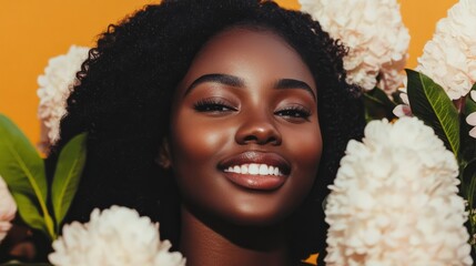 A close-up of a beautiful Black woman with flowers, smiling and having in a spring.