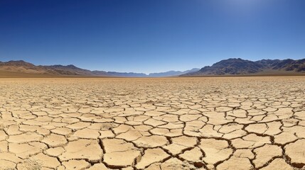 A desolate desert landscape with a large, rocky hill in the background. The ground is cracked and barren, with no vegetation in sight. The sky is clear and the sun is shining brightly