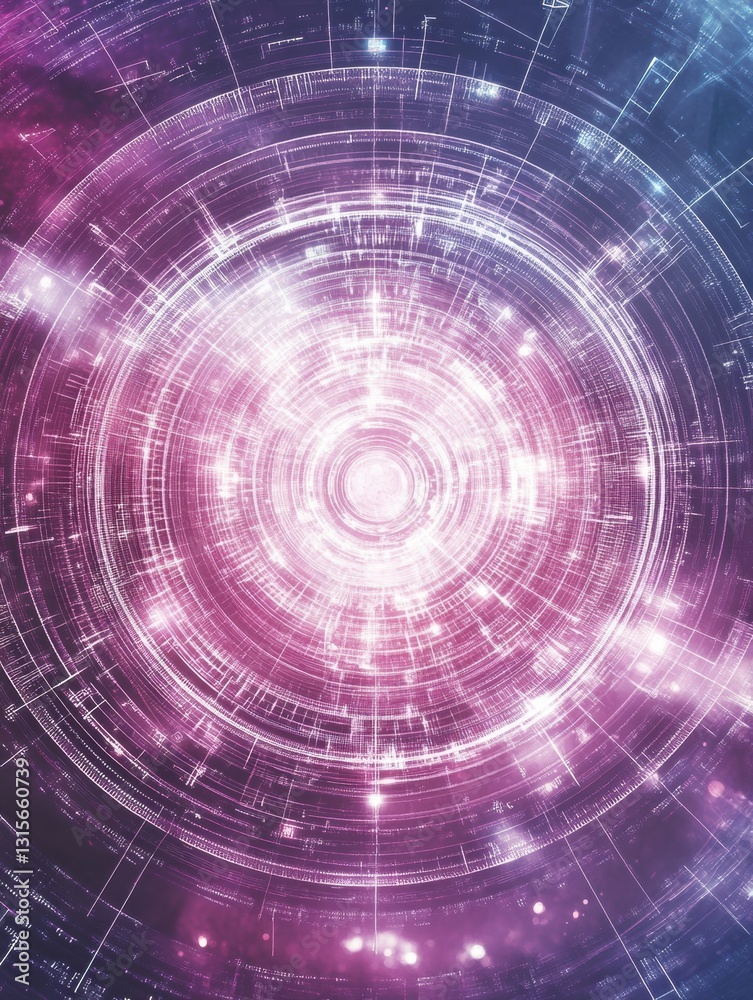 Poster Centered white computer icon on a vibrant abstract background representing digital technology and data processing amid numbers and codes