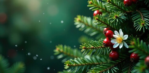 Spruce trees with red berries and white flowers, greenery, evergreen, festive