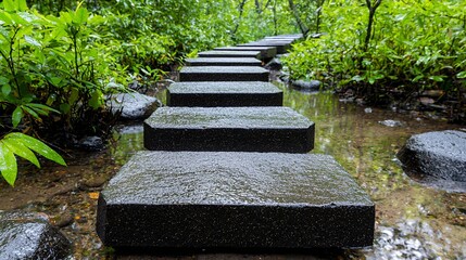 Fototapeta premium Rainy Day Tranquility Dark Gray Stepping Stones Path Through Lush Greenery