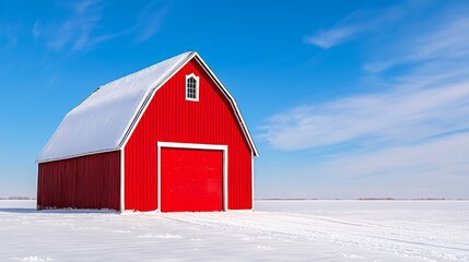 Red Barn in Snowy Field Under Blue Sky